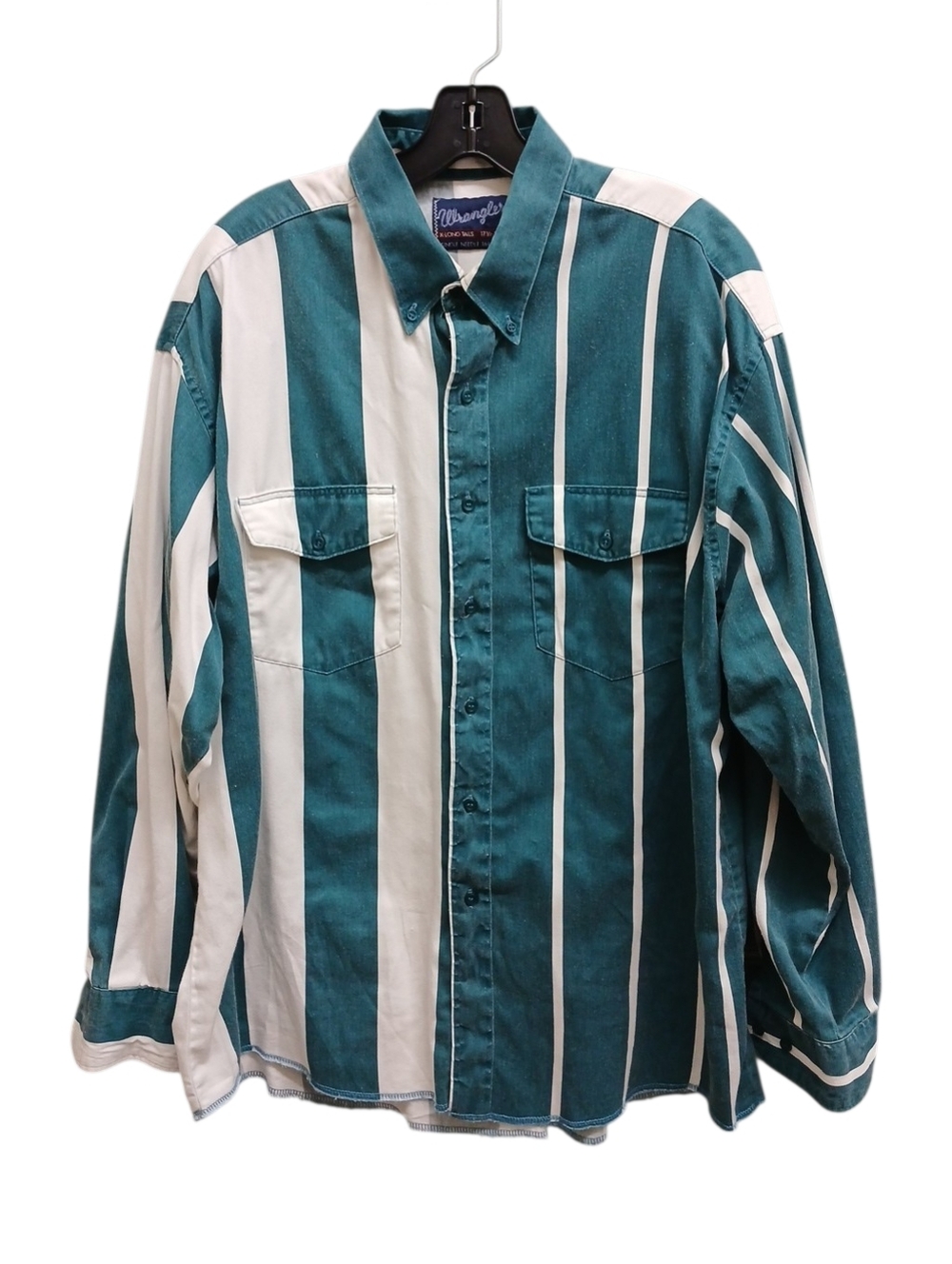 Wrangler Vintage X-long Tails Teal and White Vertical Stripe Button-Down Shirt